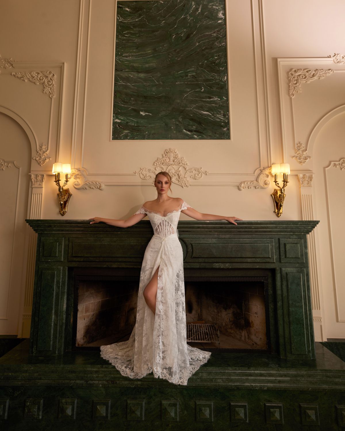 Heart-Neckline Sheer Corset-Style Off-the-Shoulder Full-Lace Slit Half-Fishtail Wedding Dress - 20B121