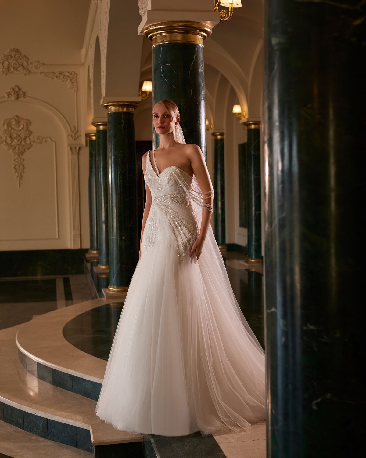 One-Shoulder Tulle Drape Wedding Dress with Sparkling Lace Embroidery Details and a Mermaid Silhouette - 10048