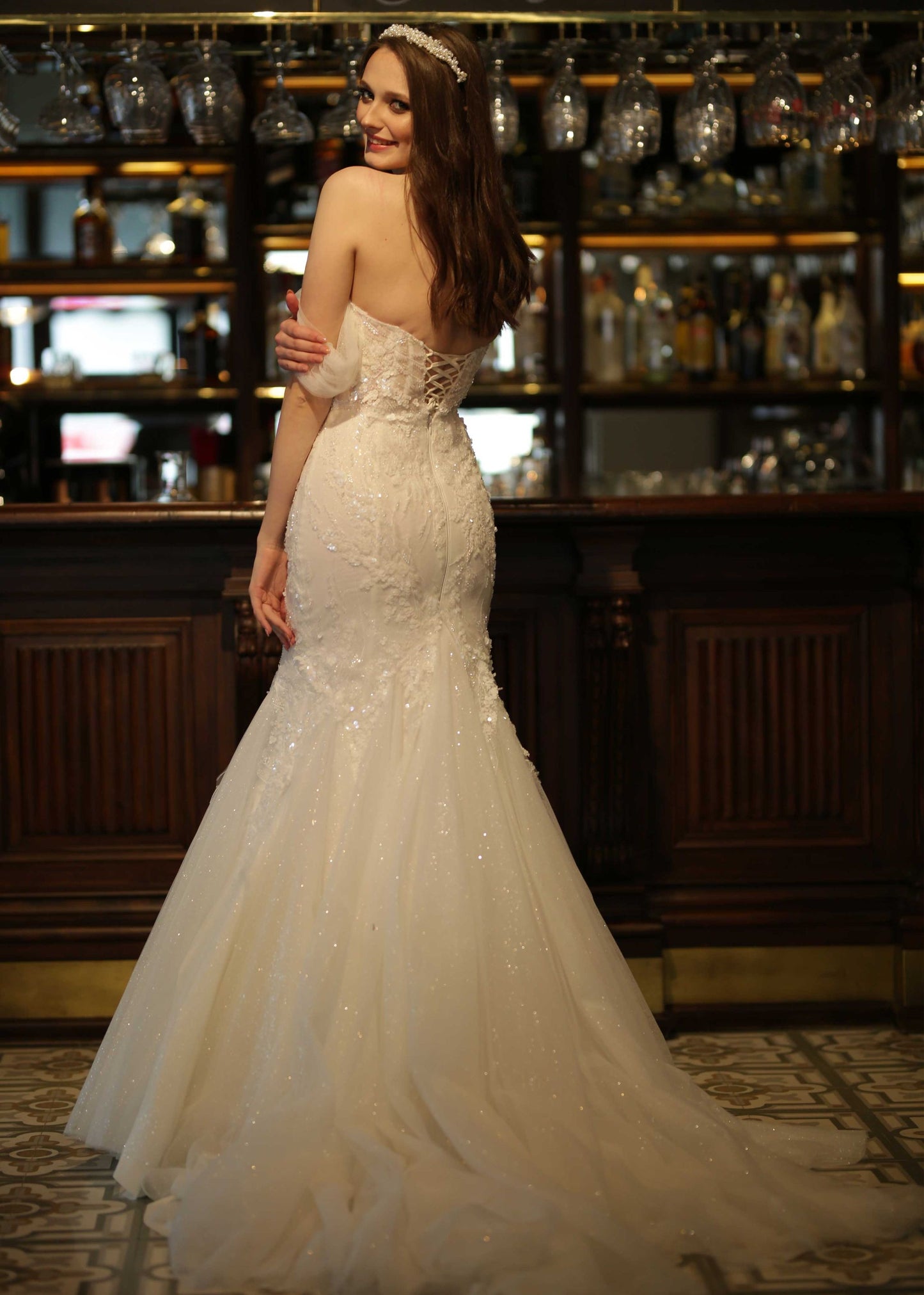 M-Neckline Romantic Tulle-Sleeved Sheer Sparkling Lace Mermaid-Cut Wedding Dress - 1298