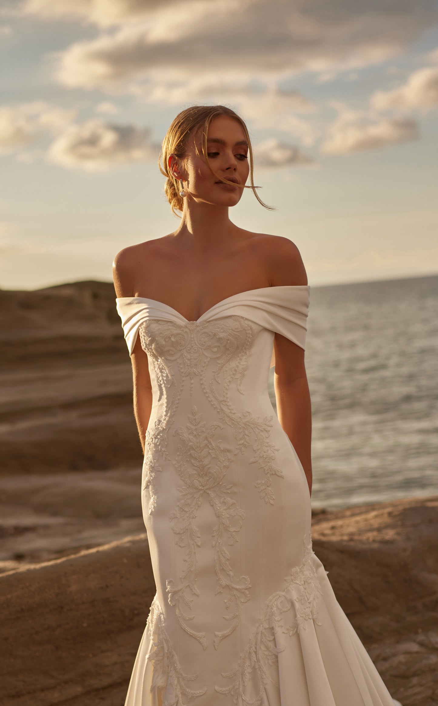 Madonna Neckline Satin Wedding Dress with Lace Embroidery Details and A-line Silhouette - 20B219