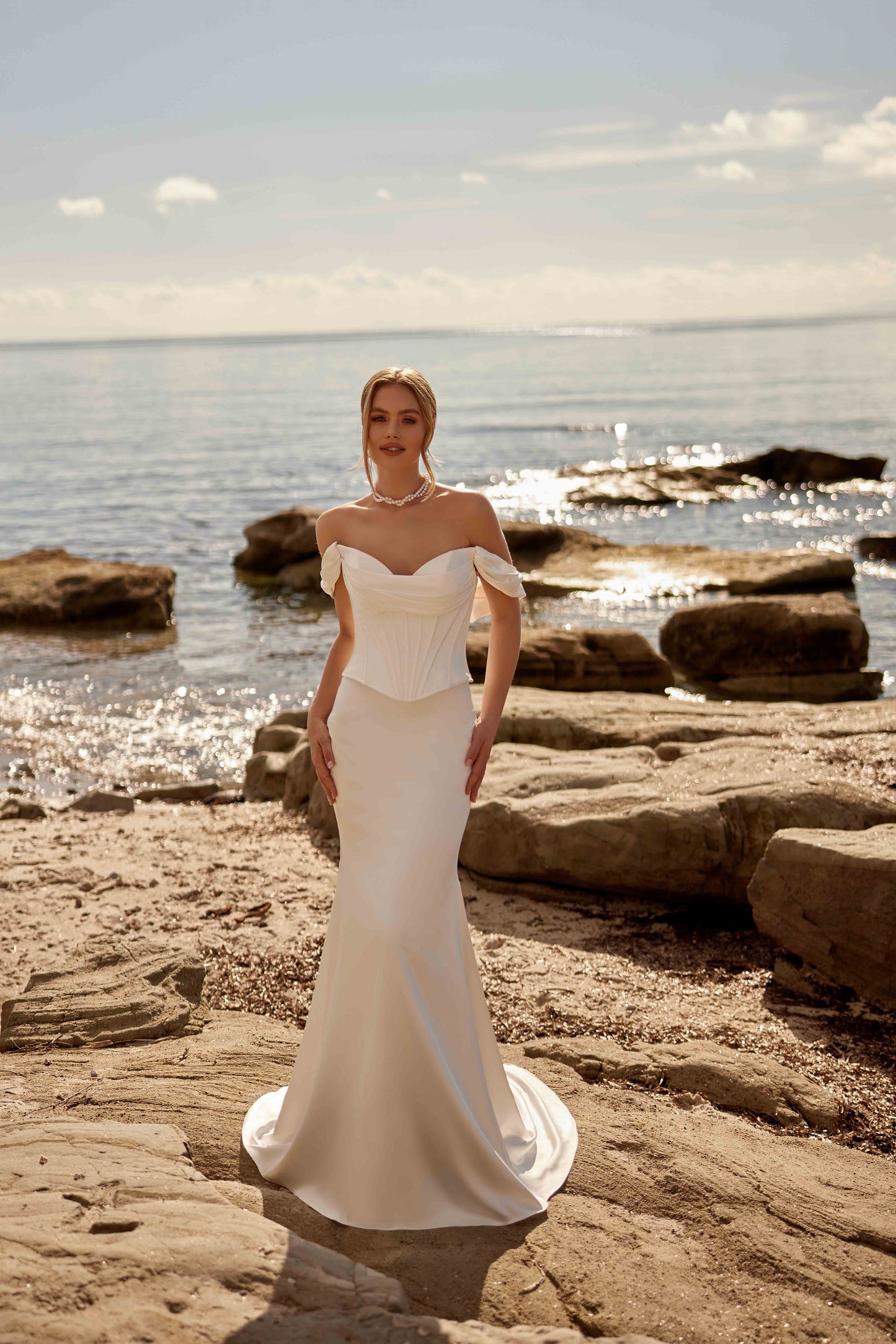 Heart-neckline, off-the-shoulder, corseted satin fishtail wedding dress - 25201