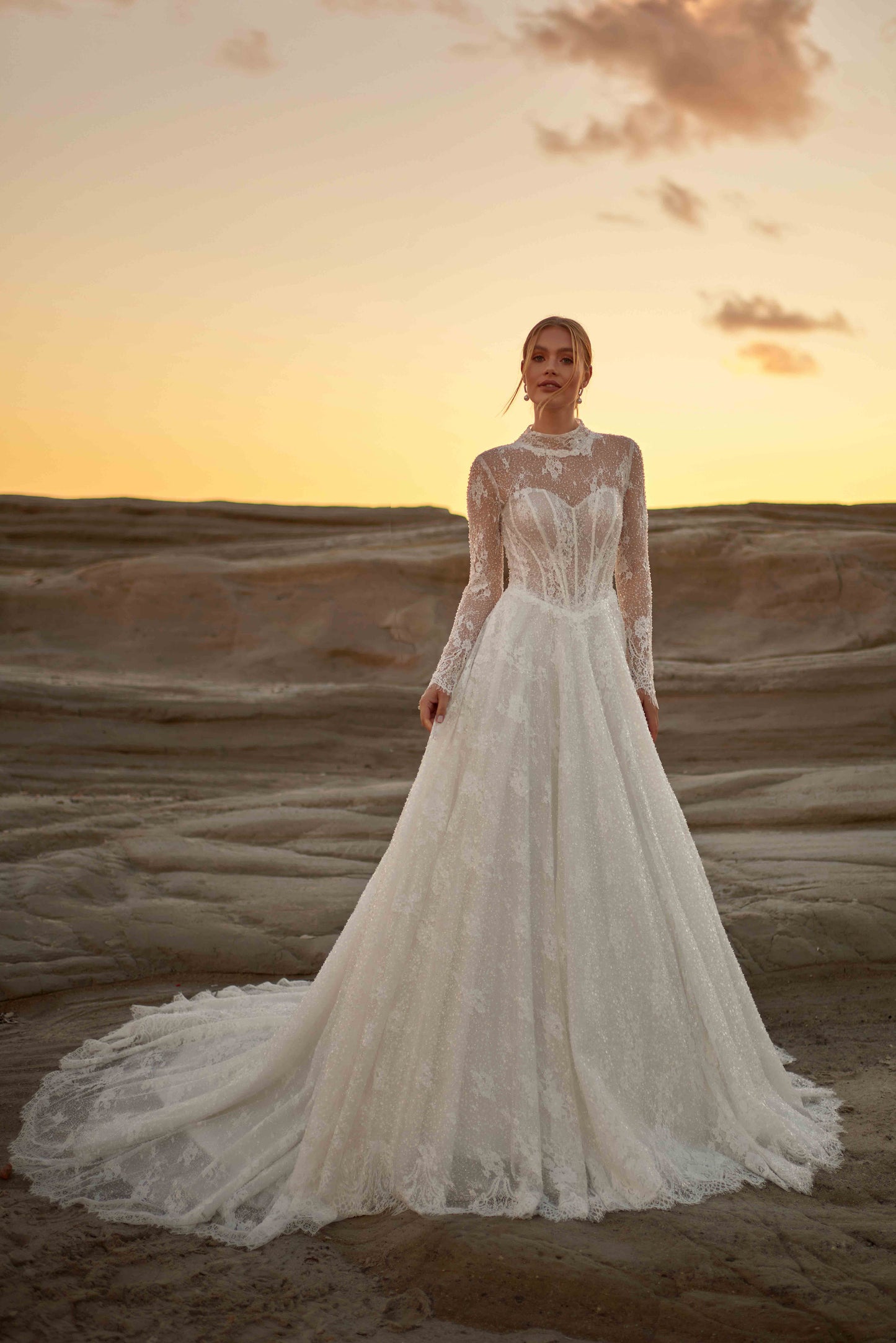 Off-the-shoulder Sheer Corset-Detailed and Embroidered A-Line Wedding Dress - 25203