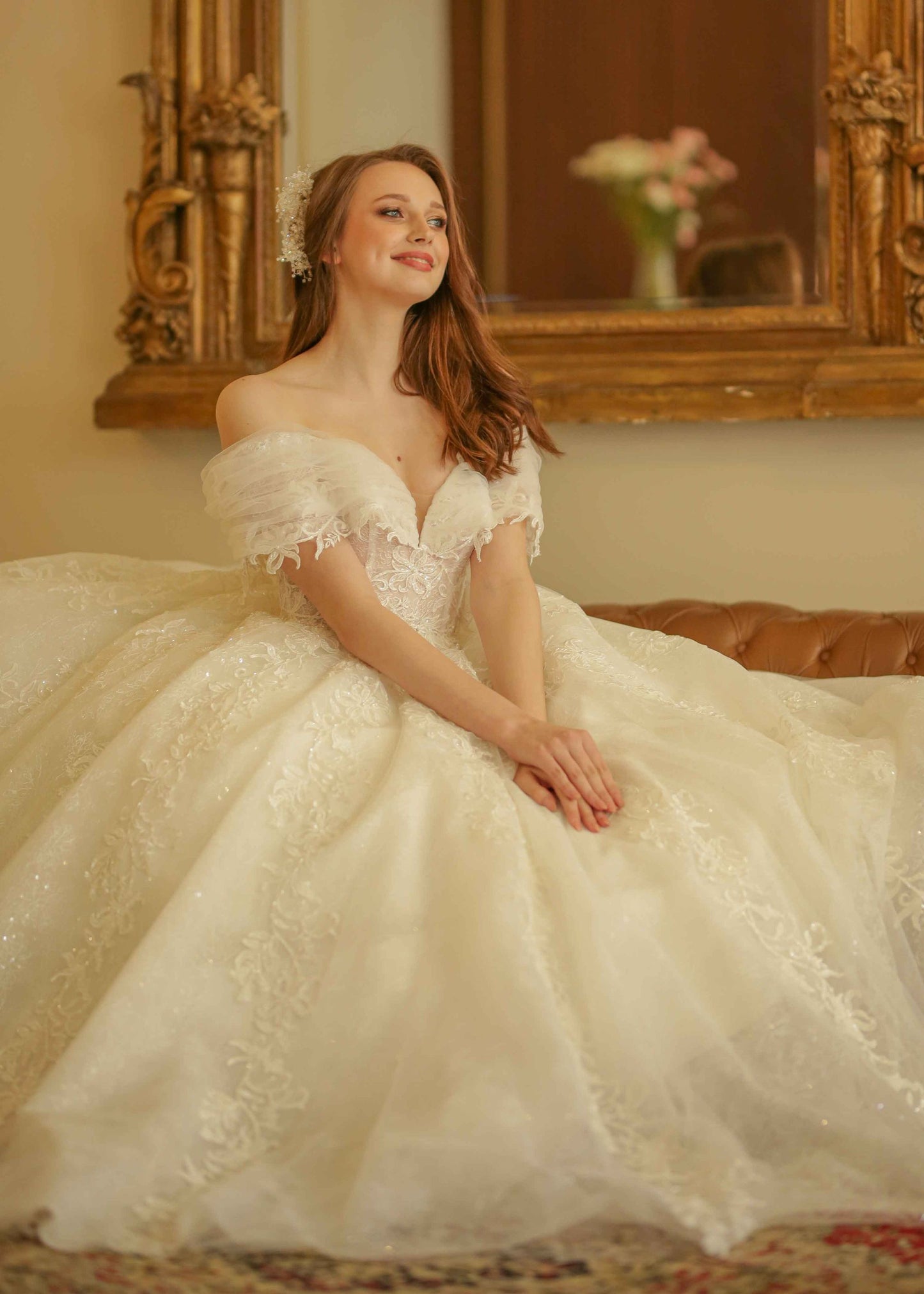 Madonna Collar Embroidered Lace Sparkling A-Line Wedding Dress - 1293