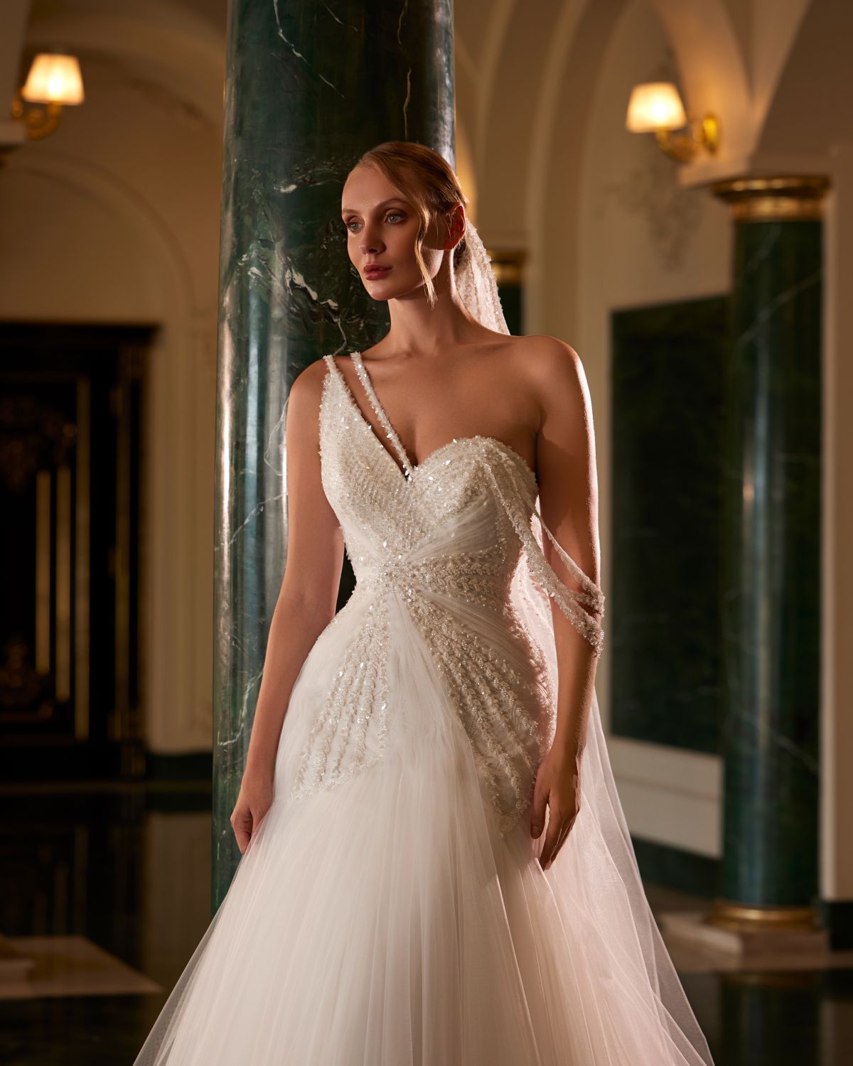 One-Shoulder Tulle Drape Wedding Dress with Sparkling Lace Embroidery Details and a Mermaid Silhouette - 10048