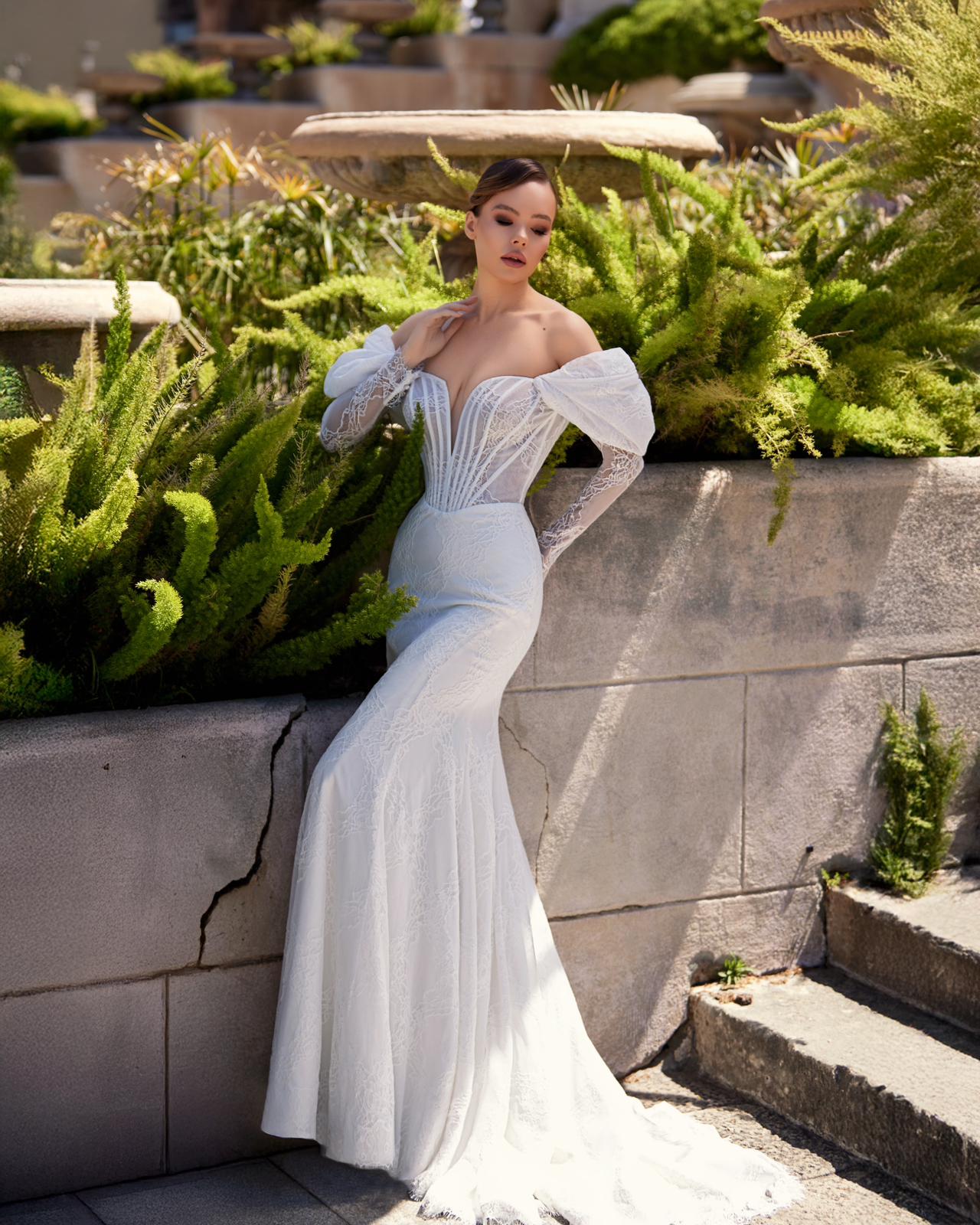 Deep V-neck, all-over lace, balloon-sleeve, sheer mermaid-style wedding dress - 20B130