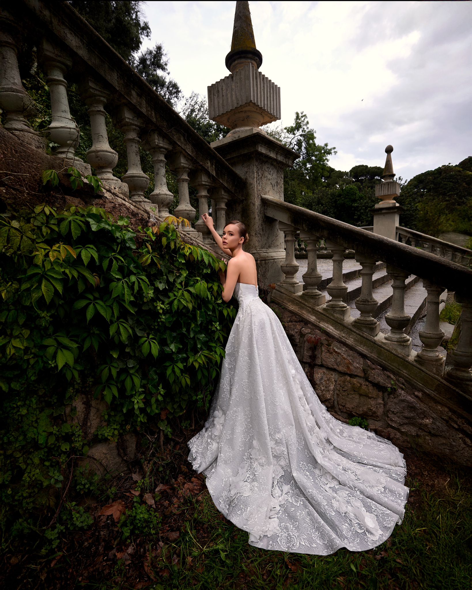 Drop-Shoulder, Low-Cut, All-Over Lace, Sparkling A-Line Wedding Dress - 21H108