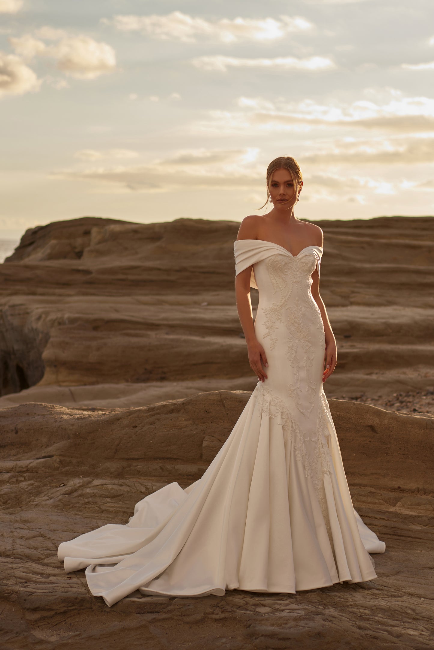 Madonna Neckline Satin Wedding Dress with Lace Embroidery Details and A-line Silhouette - 20B219