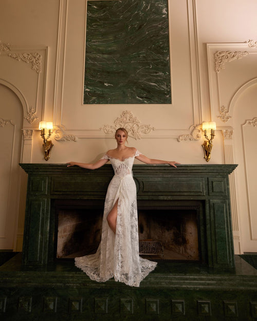 Load image 1 in gallery view. Heart-Neckline Sheer Corset-Style Off-the-Shoulder Full-Lace Slit Half-Fishtail Wedding Dress - 20B121