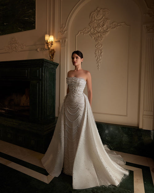 Load image 1 in gallery view. Staplez Full-Length Pearl-Embellished Detachable Skirt Fishtail Wedding Dress - 20B145