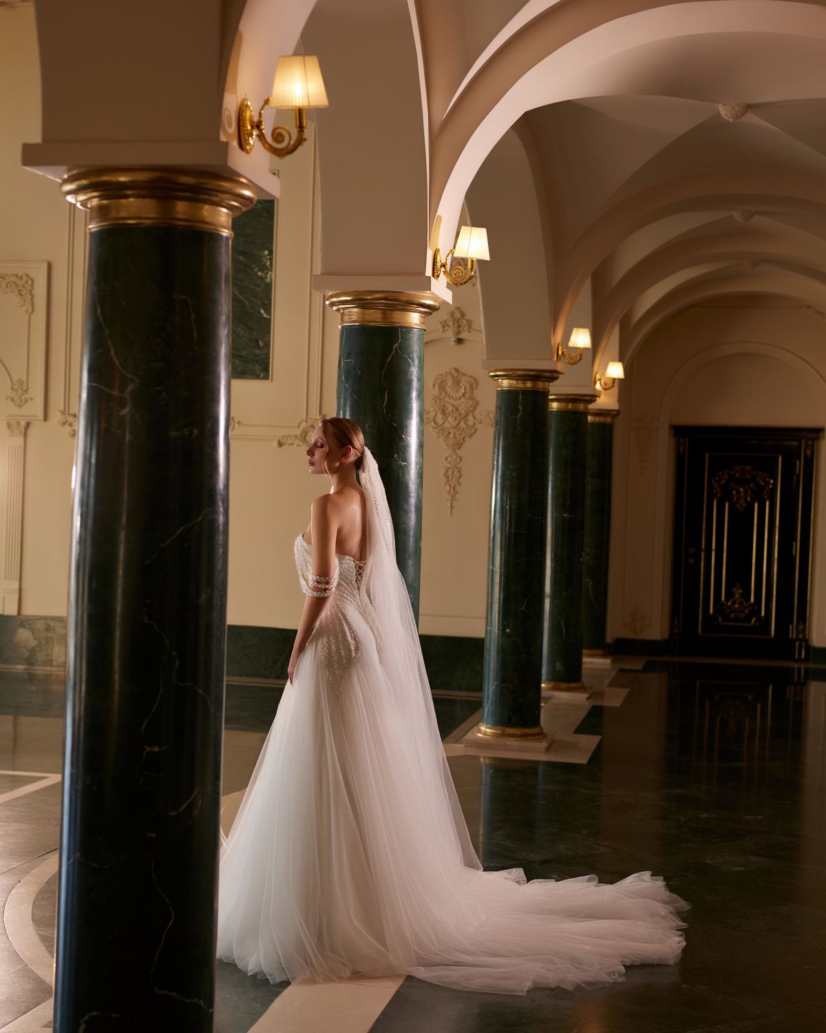 One-Shoulder Tulle Drape Wedding Dress with Sparkling Lace Embroidery Details and a Mermaid Silhouette - 10048