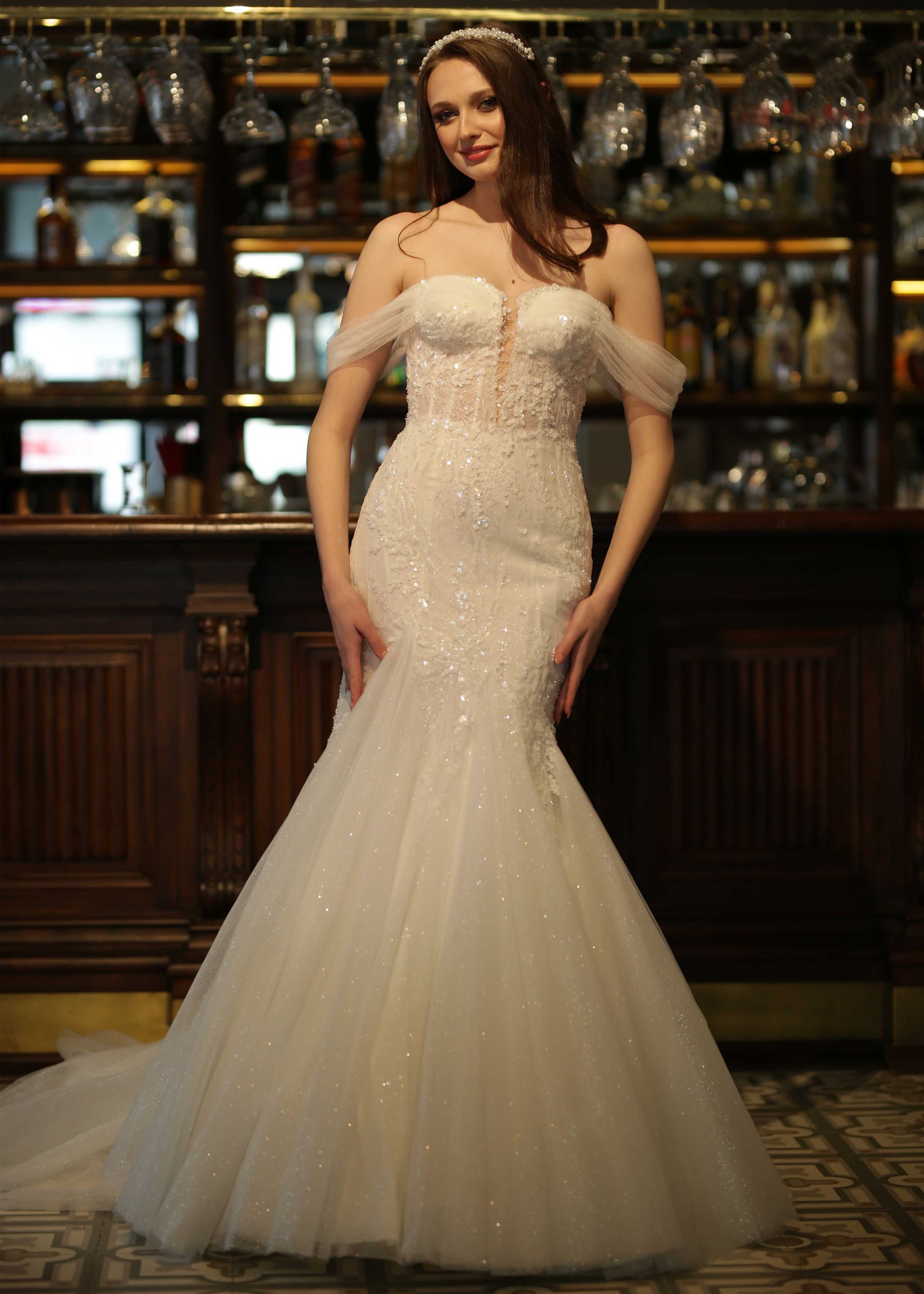 M-Neckline Romantic Tulle-Sleeved Sheer Sparkling Lace Mermaid-Cut Wedding Dress - 1298