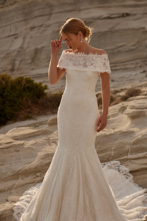 Load image 1 in gallery view. Strapless, Detachable-Shoulder, Lace-Embellished Mermaid-Cut Wedding Dress - 20B214