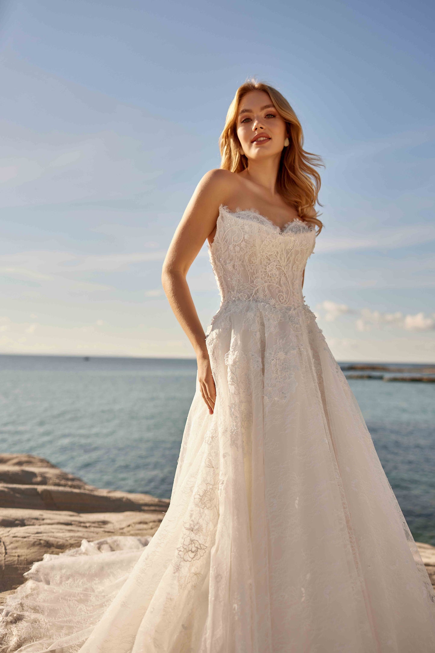 Straplez Çift Yaka Detaylı Komple Dantel Üstüne Çiçek İşlemeli Helen Gelinlik - 23AP040