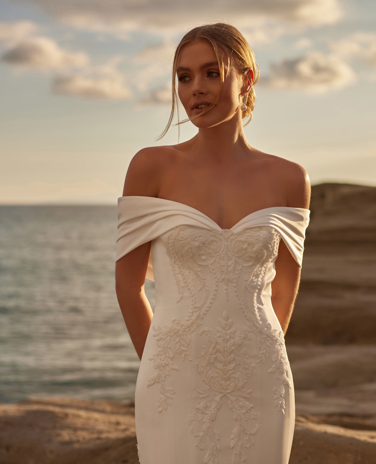Madonna Neckline Satin Wedding Dress with Lace Embroidery Details and A-line Silhouette - 20B219