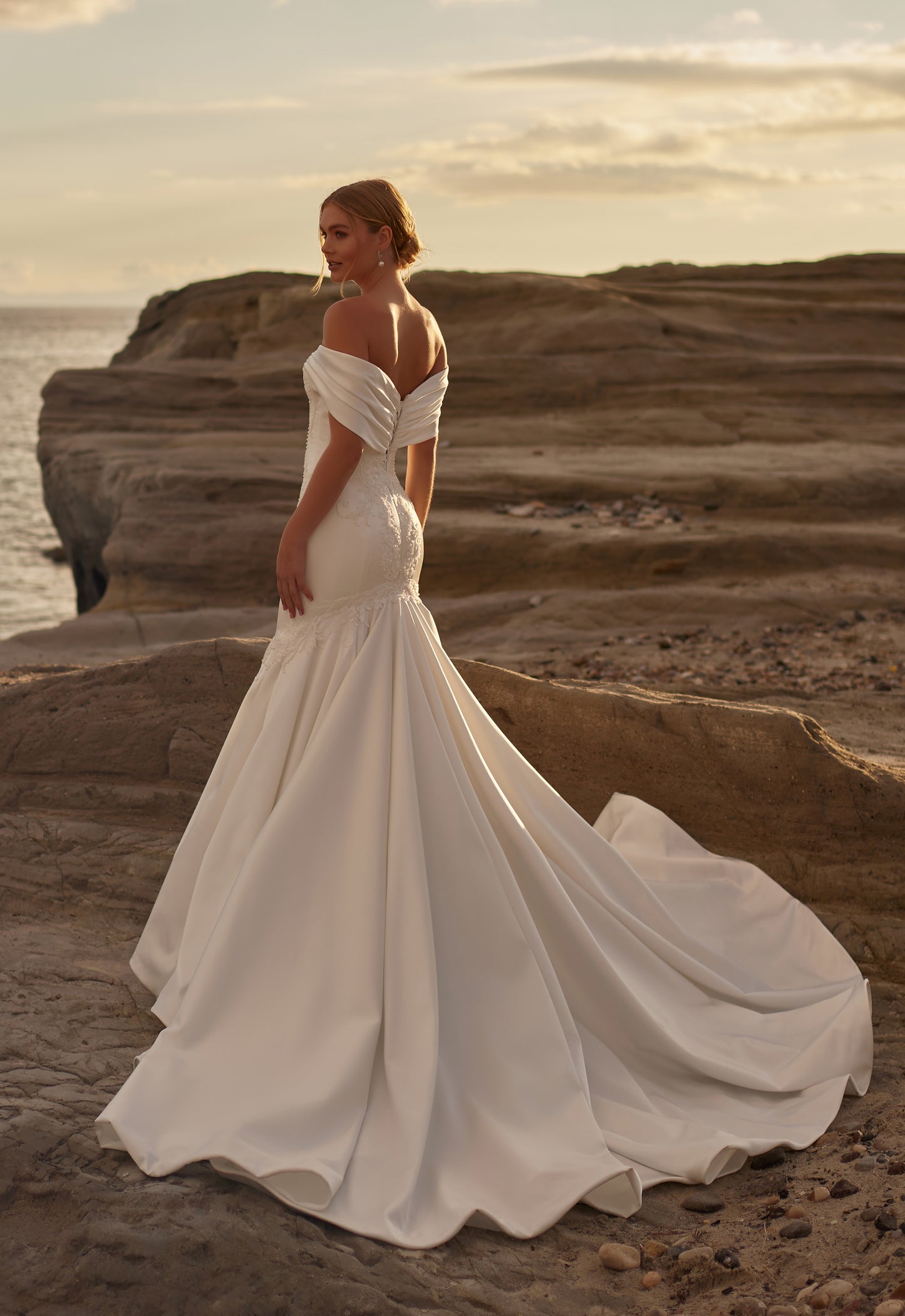 Madonna Neckline Satin Wedding Dress with Lace Embroidery Details and A-line Silhouette - 20B219