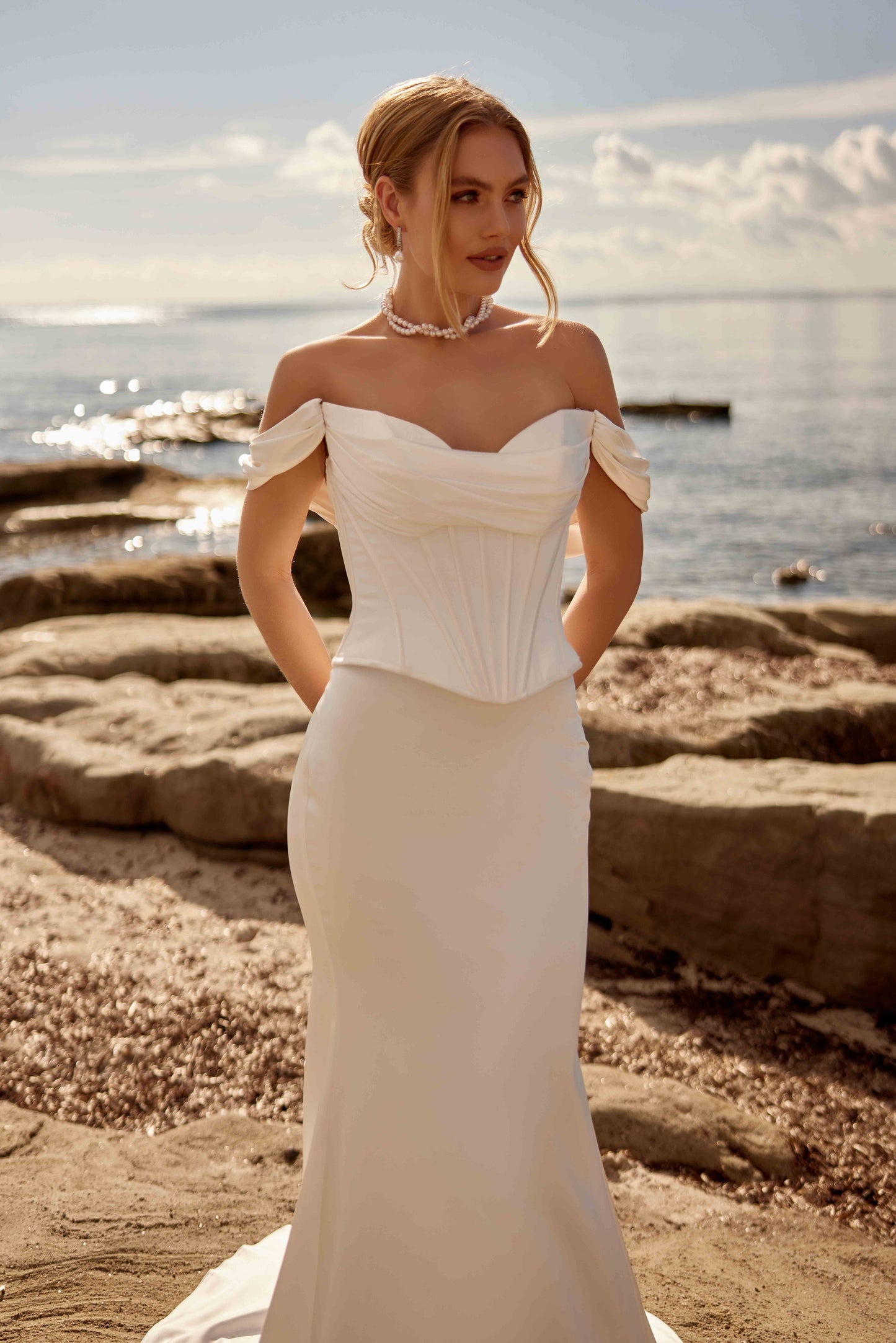Heart-neckline, off-the-shoulder, corseted satin fishtail wedding dress - 25201