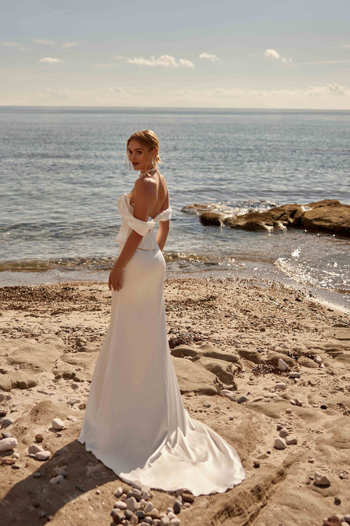 Load image 1 in gallery view. Heart-neckline, off-the-shoulder, corseted satin fishtail wedding dress - 25201