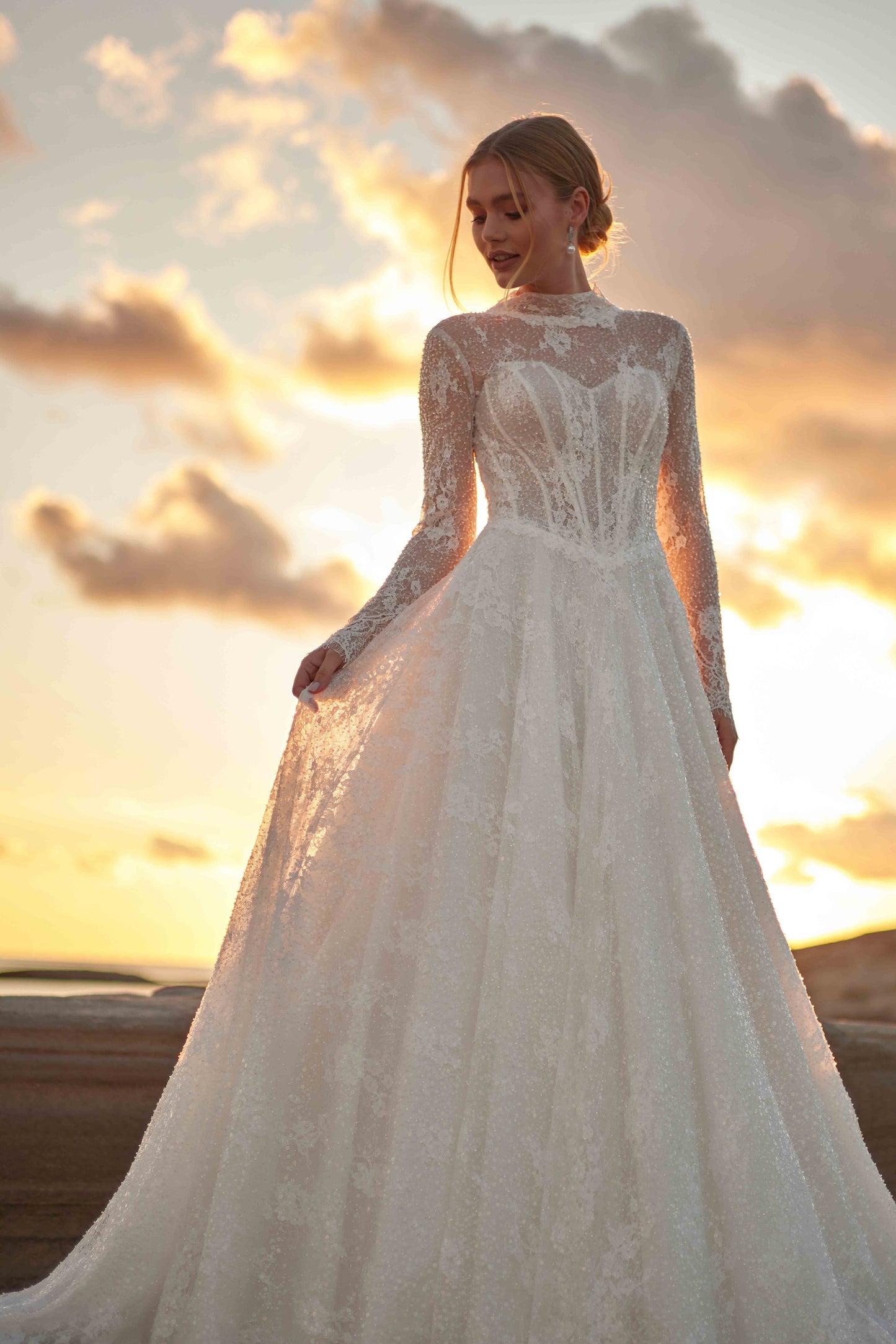 Off-the-shoulder Sheer Corset-Detailed and Embroidered A-Line Wedding Dress - 25203