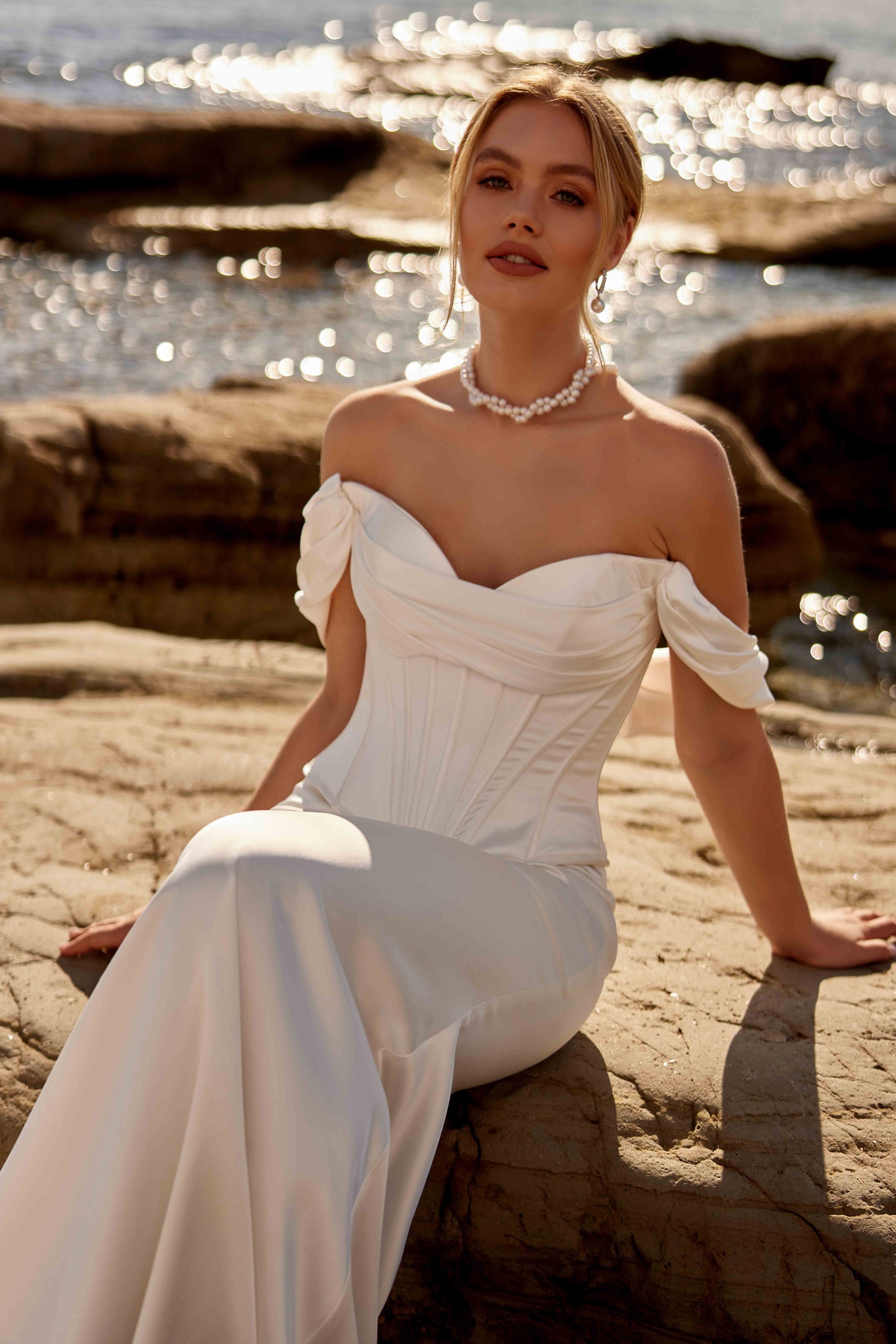 Heart-neckline, off-the-shoulder, corseted satin fishtail wedding dress - 25201