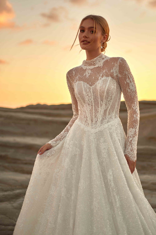 Load image 1 in gallery view. Off-the-shoulder Sheer Corset-Detailed and Embroidered A-Line Wedding Dress - 25203