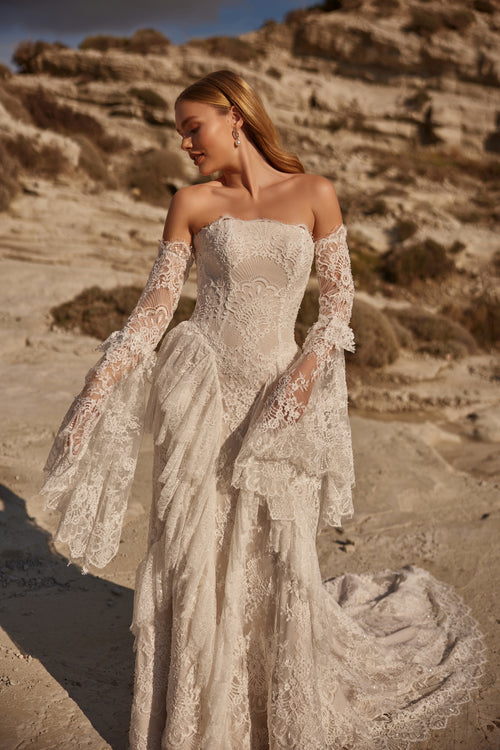 Load image 1 in gallery view. Staplez Full Lace Detachable Sleeve with Geometric Cut Modern Helen Wedding Dress - 25206