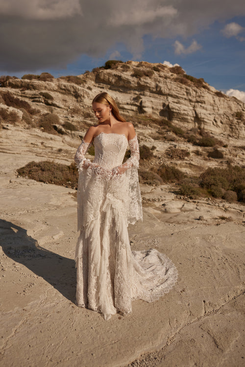 Load image 1 in gallery view. Staplez Full Lace Detachable Sleeve with Geometric Cut Modern Helen Wedding Dress - 25206