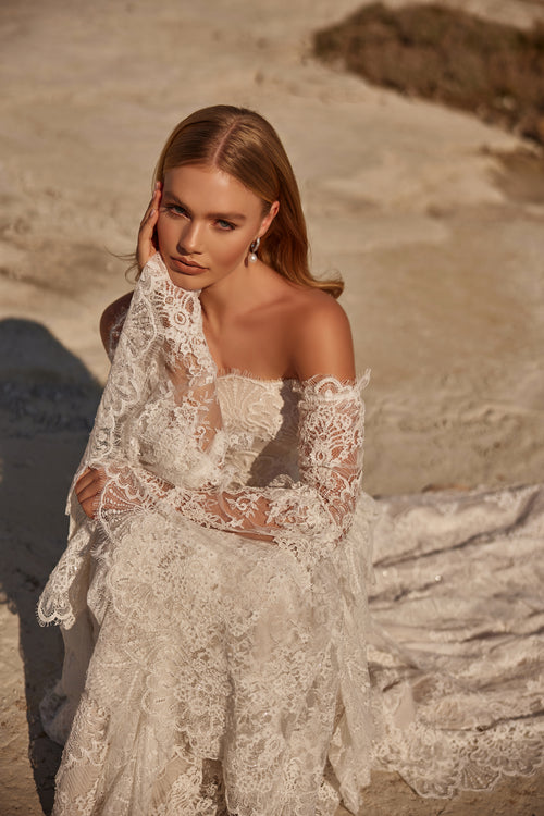 Load image 1 in gallery view. Staplez Full Lace Detachable Sleeve with Geometric Cut Modern Helen Wedding Dress - 25206