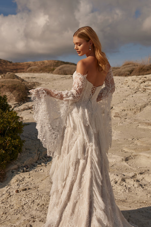 Load image 1 in gallery view. Staplez Full Lace Detachable Sleeve with Geometric Cut Modern Helen Wedding Dress - 25206