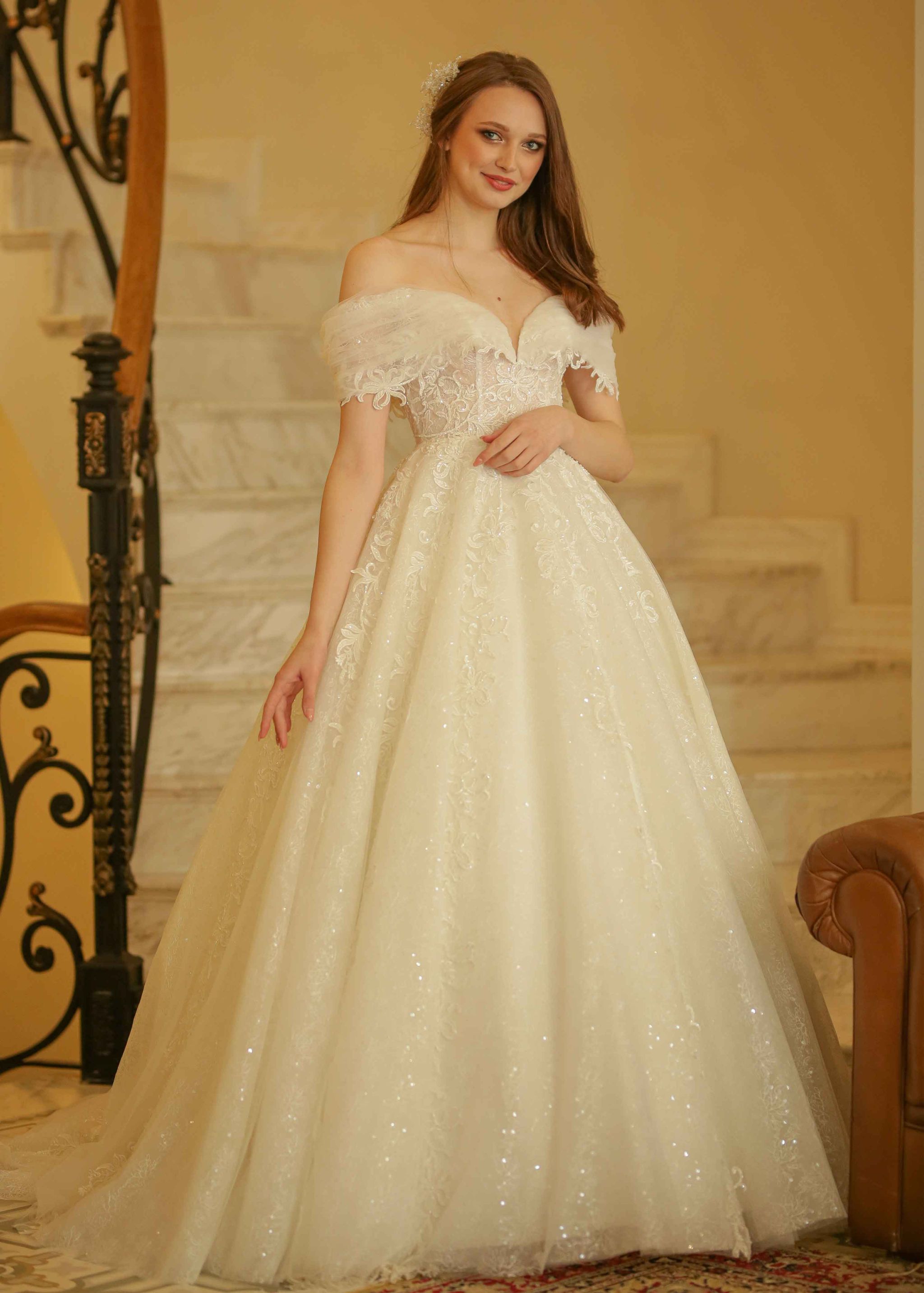Madonna Collar Embroidered Lace Sparkling A-Line Wedding Dress - 1293