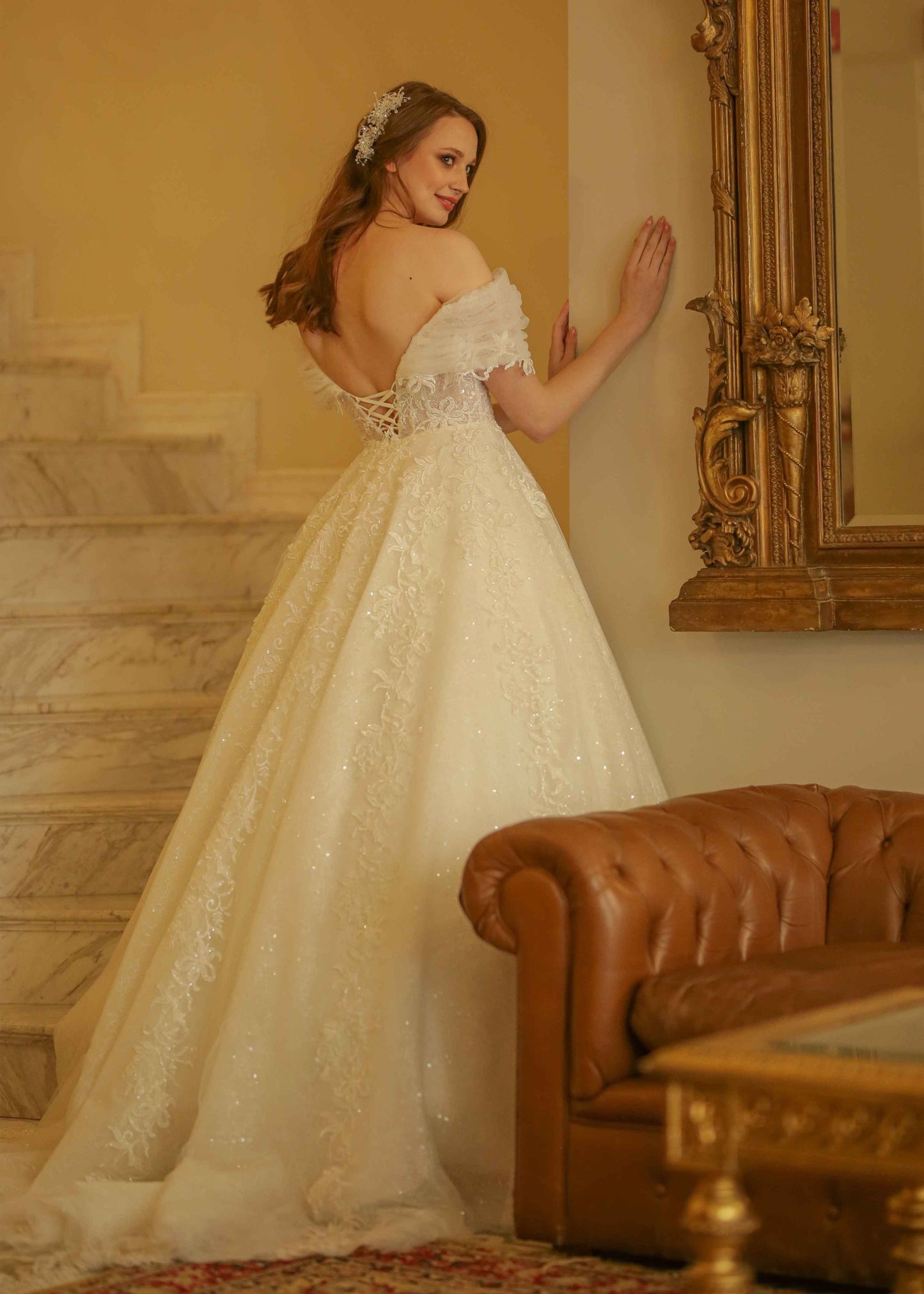 Madonna Collar Embroidered Lace Sparkling A-Line Wedding Dress - 1293