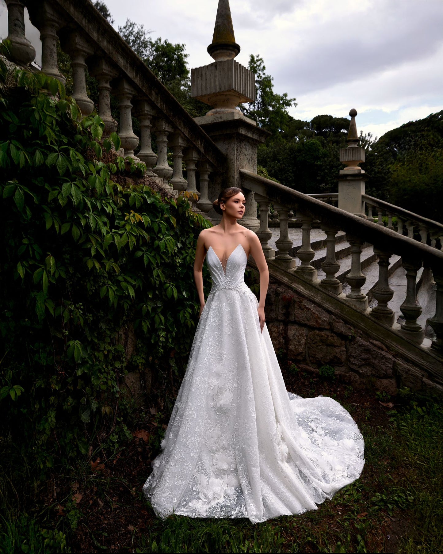 Drop-Shoulder, Low-Cut, All-Over Lace, Sparkling A-Line Wedding Dress - 21H108