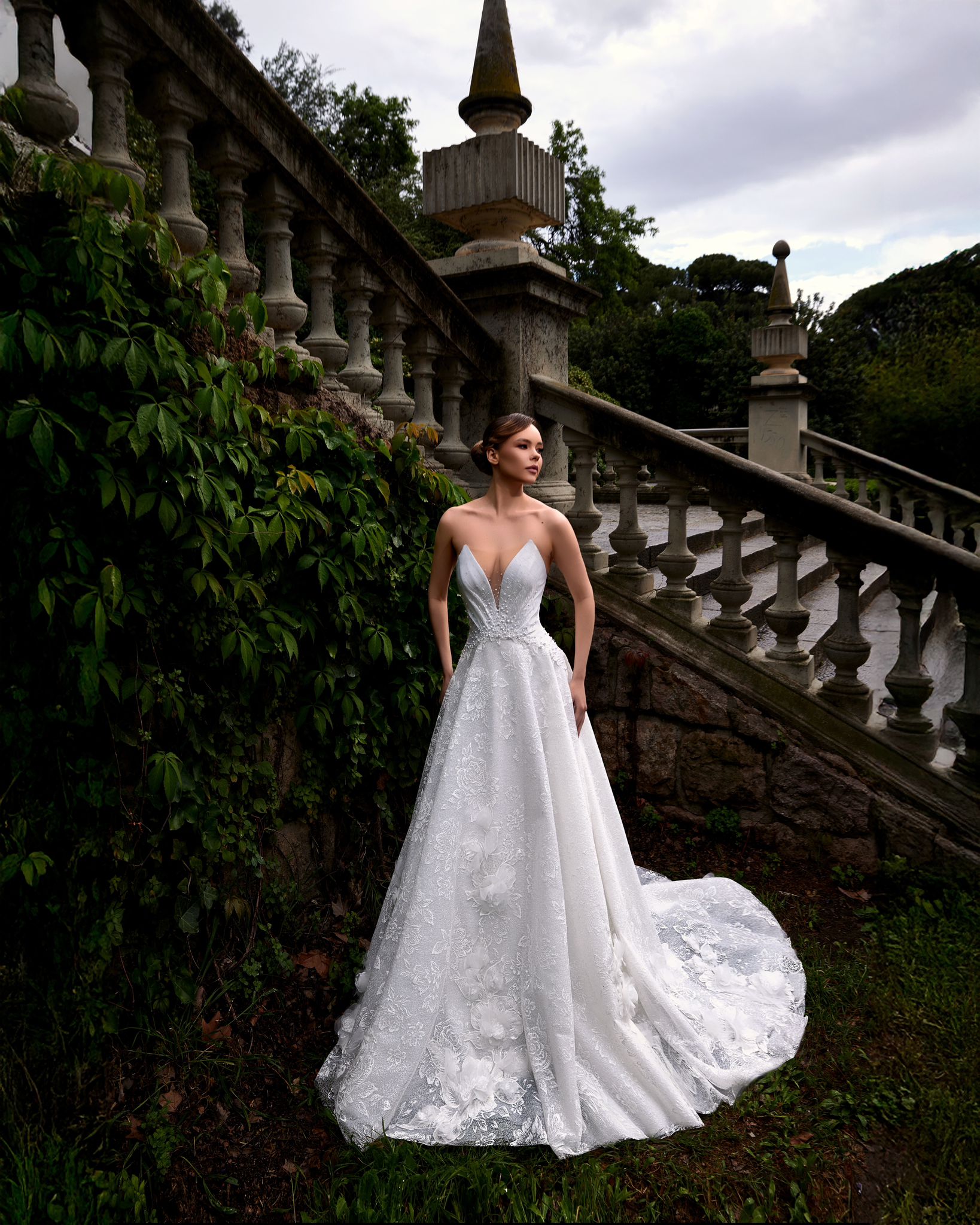 Drop-Shoulder, Low-Cut, All-Over Lace, Sparkling A-Line Wedding Dress - 21H108
