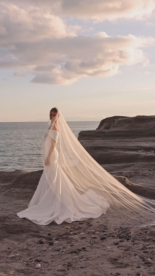 Load image 1 in gallery view. Madonna Neckline Satin Wedding Dress with Lace Embroidery Details and A-line Silhouette - 20B219
