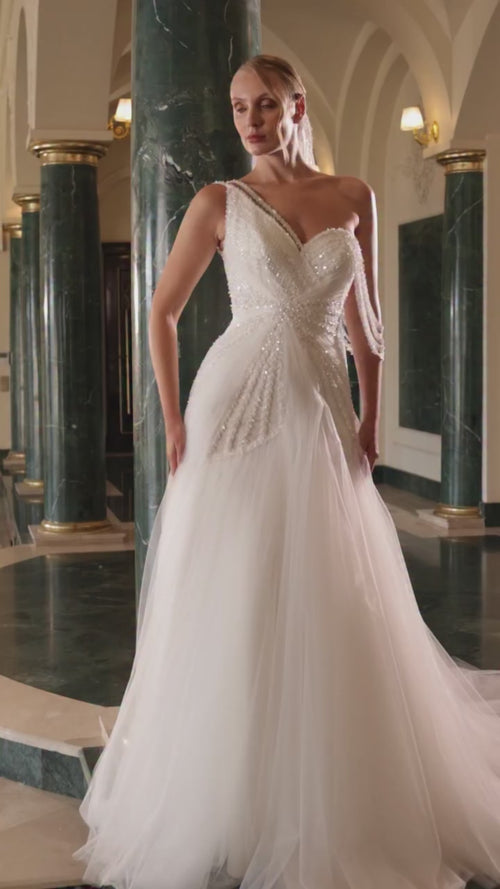 Load image 1 in gallery view. One-Shoulder Tulle Drape Wedding Dress with Sparkling Lace Embroidery Details and a Mermaid Silhouette - 10048