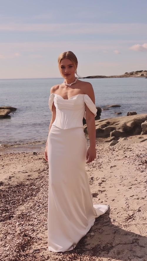Load image 1 in gallery view. Heart-neckline, off-the-shoulder, corseted satin fishtail wedding dress - 25201