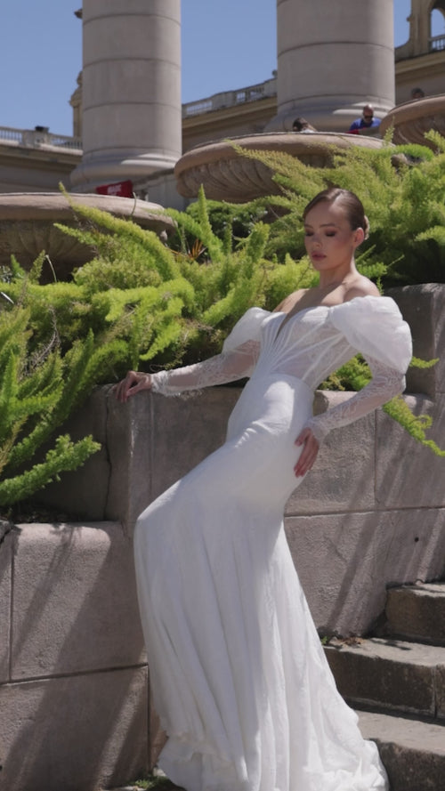 Load image 1 in gallery view. Deep V-neck, all-over lace, balloon-sleeve, sheer mermaid-style wedding dress - 20B130
