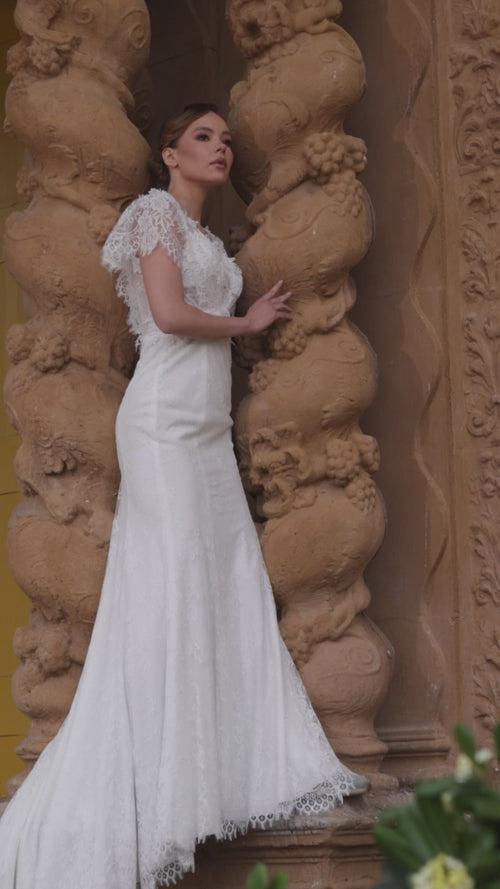 Load image 1 in gallery view. Deep V-neck, romantic sleeve detail, all-over lace, mermaid-style wedding dress - 10029
