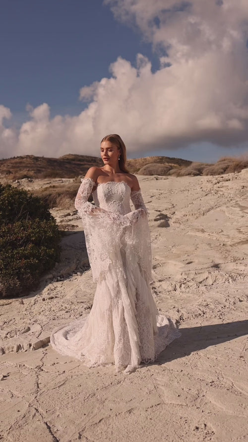 Load image 1 in gallery view. Staplez Full Lace Detachable Sleeve with Geometric Cut Modern Helen Wedding Dress - 25206