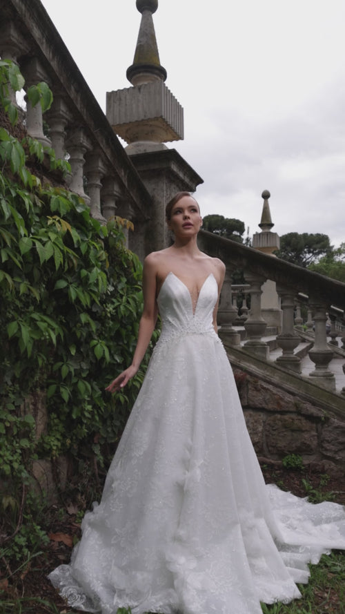 Load image 1 in gallery view. Drop-Shoulder, Low-Cut, All-Over Lace, Sparkling A-Line Wedding Dress - 21H108